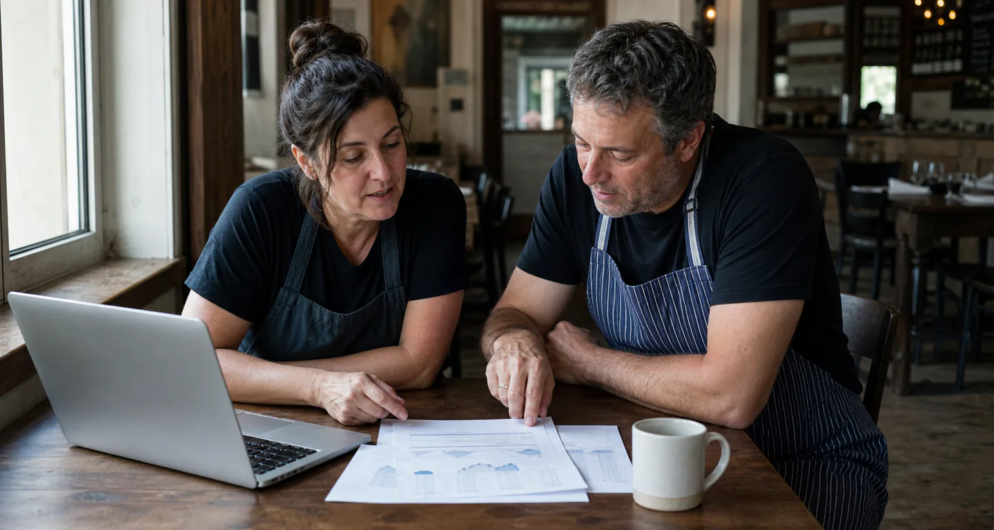 Two people who run a restaurant read reports next to a laptop