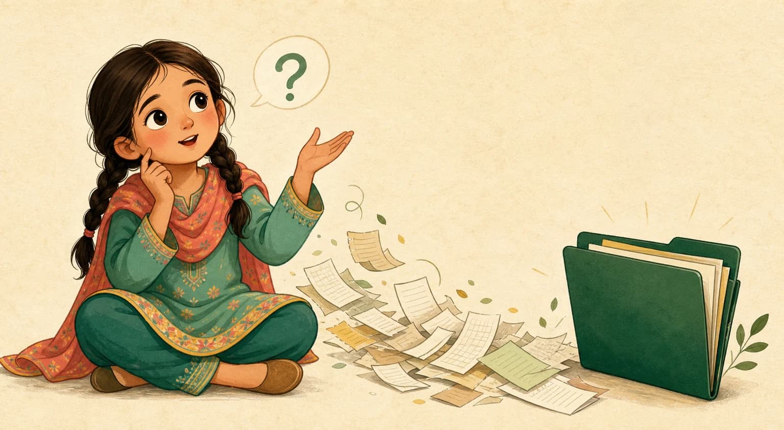 Cartoon of a Pakistani girl asking a question beside scattered bookkeeping papers and one green folder