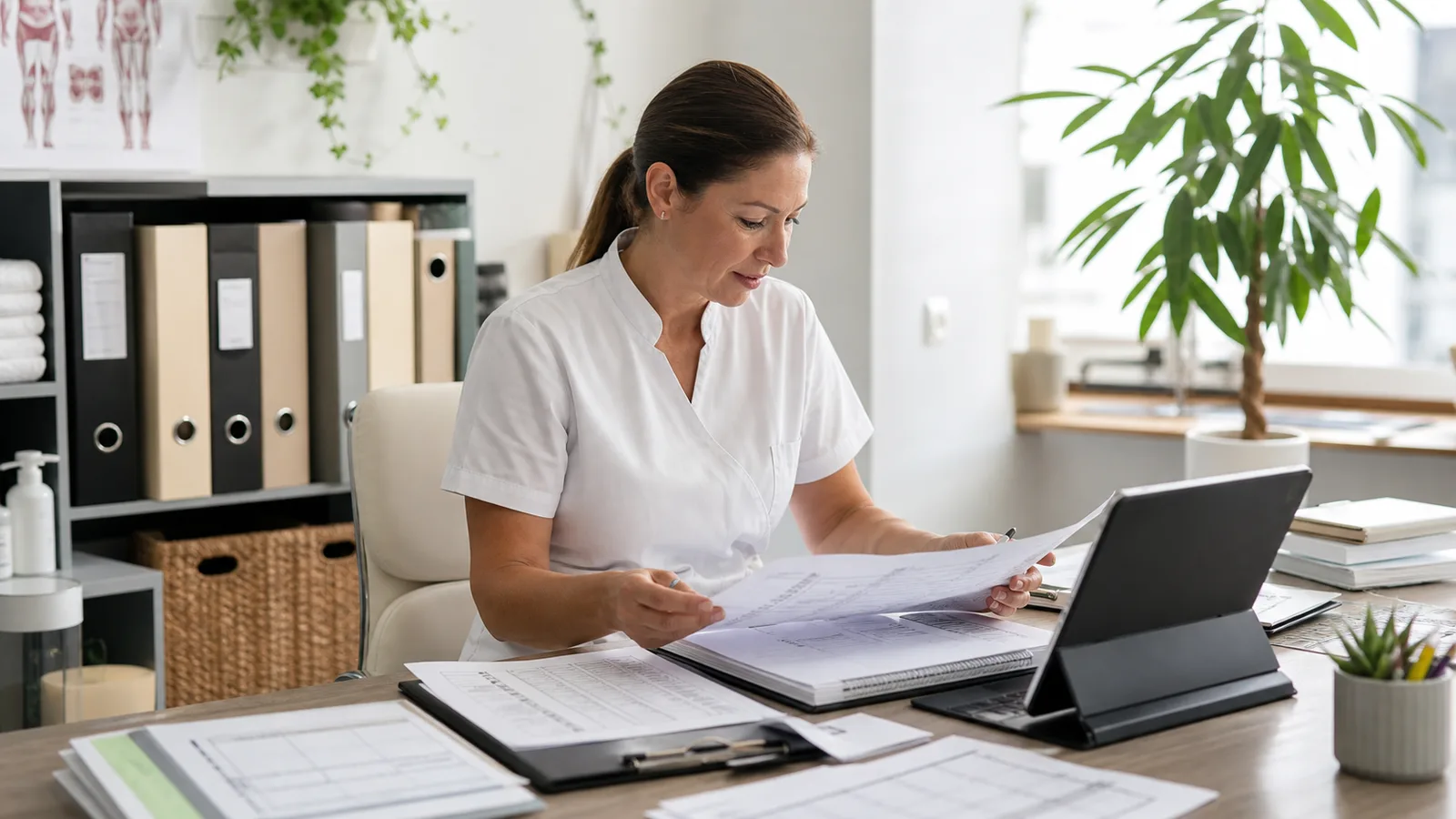 Local clinic office manager reviewing private financial records, schedules, and supplier invoices