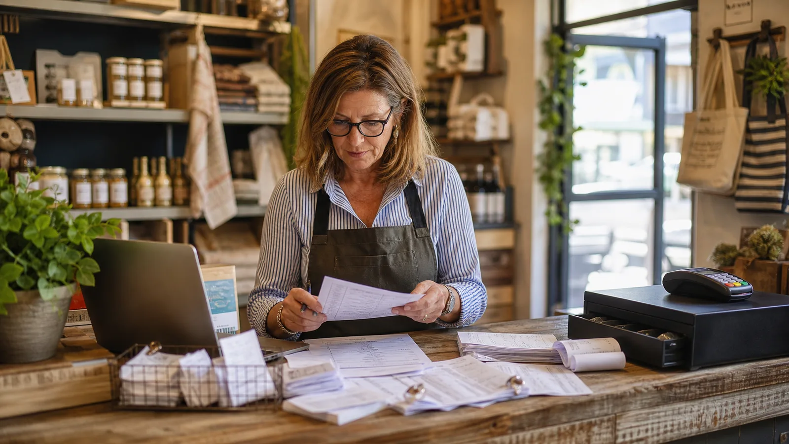 Retail business owner reviewing receipts, vendor invoices, and sales records near a cash drawer