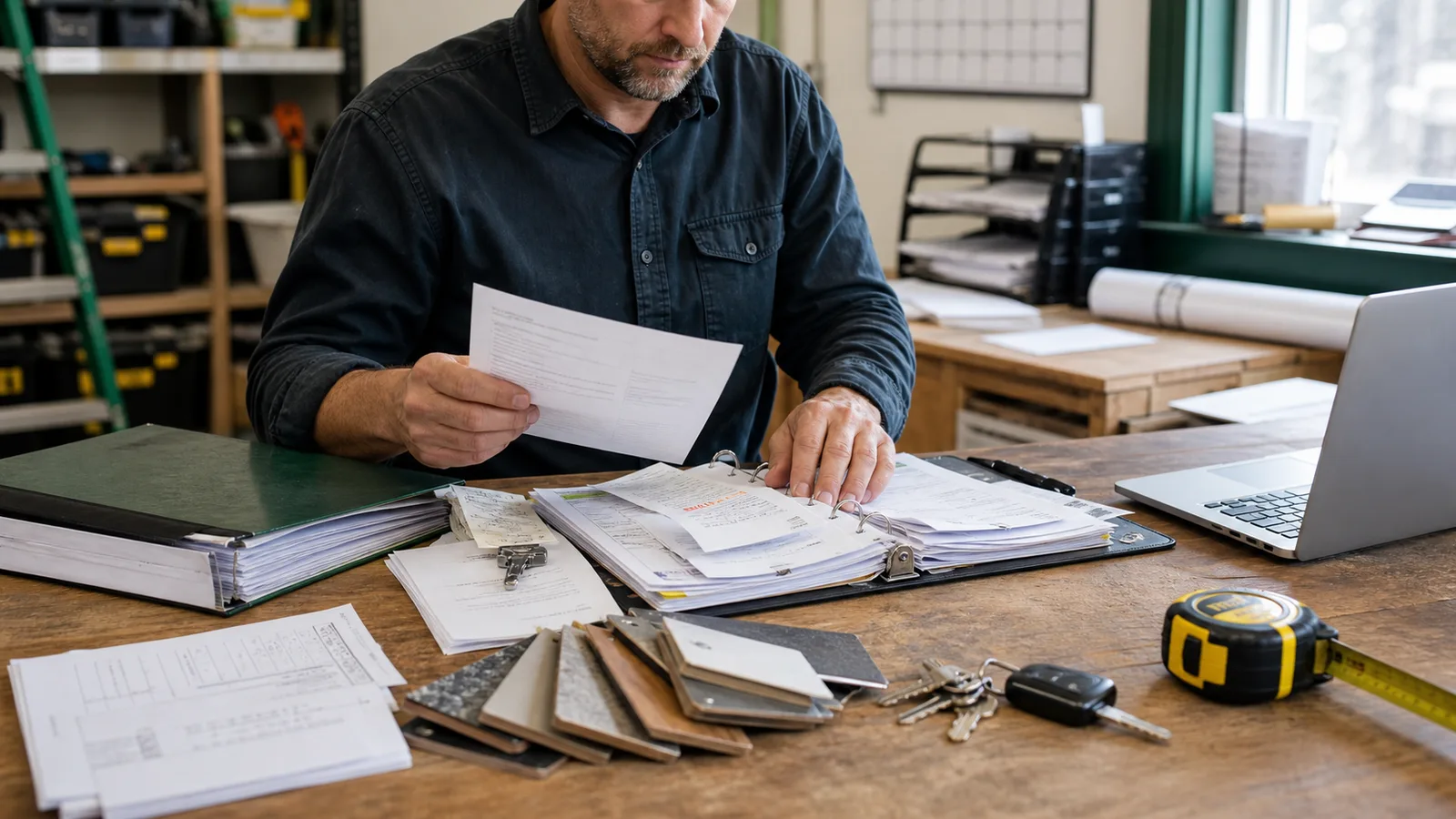 Trades business owner sorting job folders, supplier invoices, receipts, and materials records